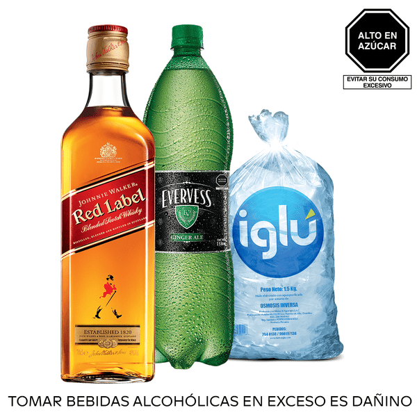 COMBO RED LABEL JOHNNIE WALKER 750ML  + EVERVESS 1.5 LT + HIELO 1.5 KG SKU 15900382