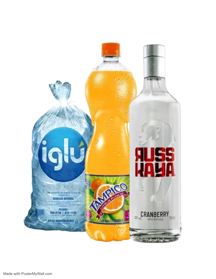 VODKA RUSSKAYA CRANBERRY 750ML + TAMPICO 1.5LT + HIELO 1.5KG SKU 15900371