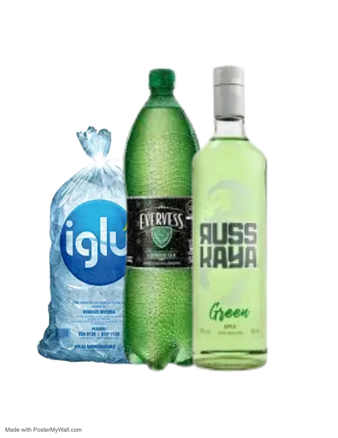 VODKA RUSSKAYA GREEN 750ML + EVERVESS 1.5LT + HIELO 1.5kg  SKU 15900376