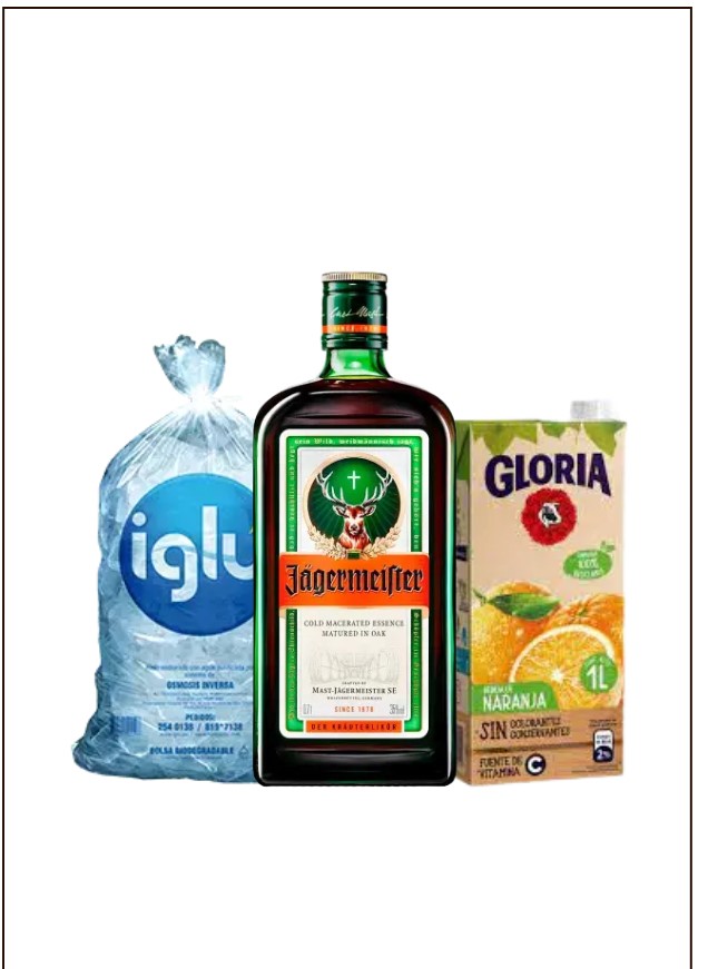 COMBO JAGERMEISTER 700ml + FRUGOS GLORIA NARANJA 1LT + HIELO DE 1.5KG